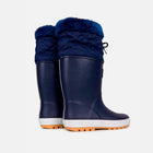Navy Puddleflex Fleece Lined Wellies, two tall waterproof boots with blue quilted detail and furry trim, set against a white backdrop.